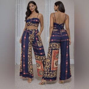Navy Printed Wide-Leg Palazzo Pants - Women